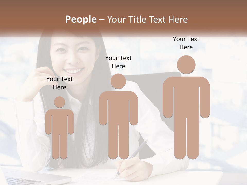 A Woman Sitting At A Desk In Front Of A Laptop Computer PowerPoint Template