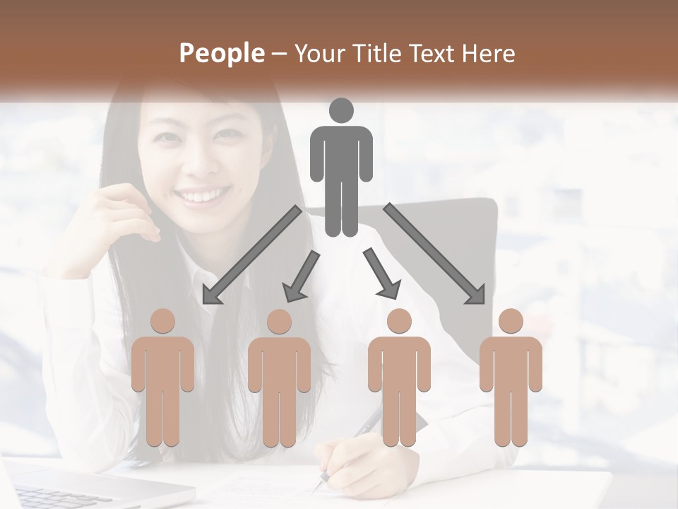 A Woman Sitting At A Desk In Front Of A Laptop Computer PowerPoint Template