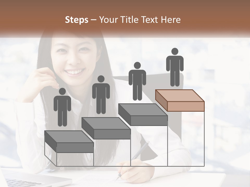 A Woman Sitting At A Desk In Front Of A Laptop Computer PowerPoint Template