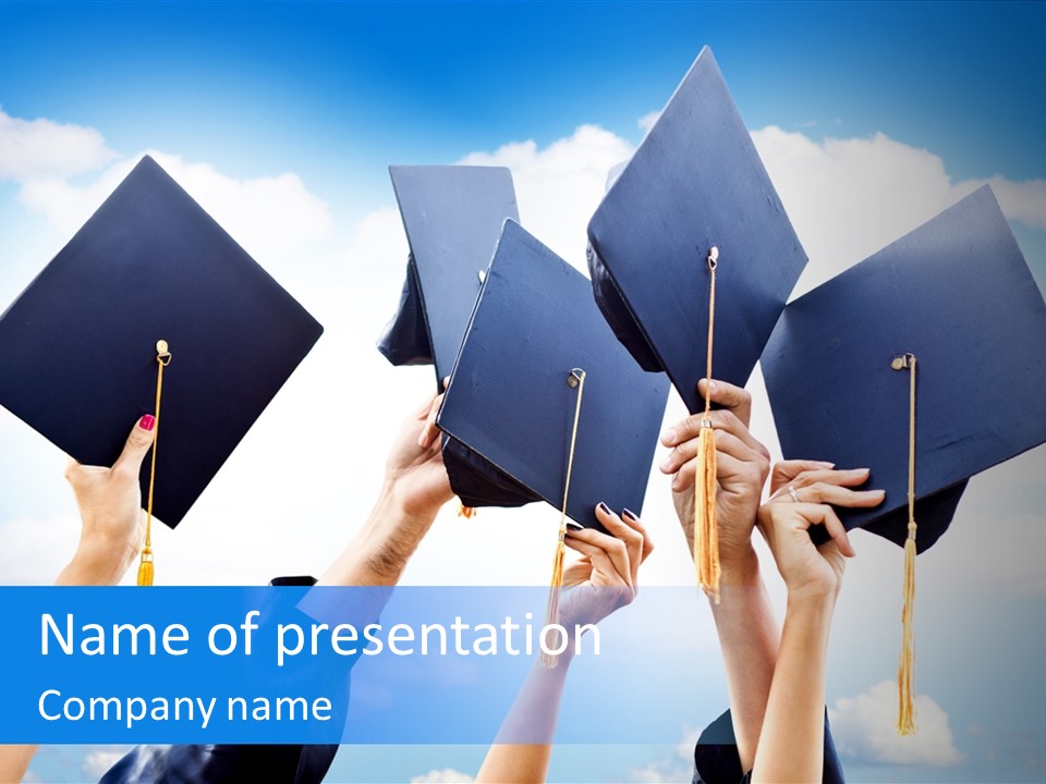 A Group Of People Holding Up Graduation Caps PowerPoint Template