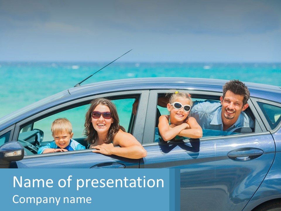 A Family In A Blue Car On The Beach PowerPoint Template