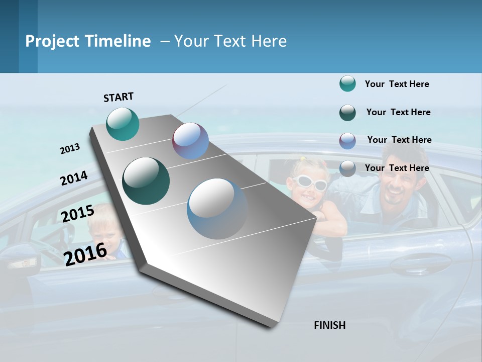 A Family In A Blue Car On The Beach PowerPoint Template