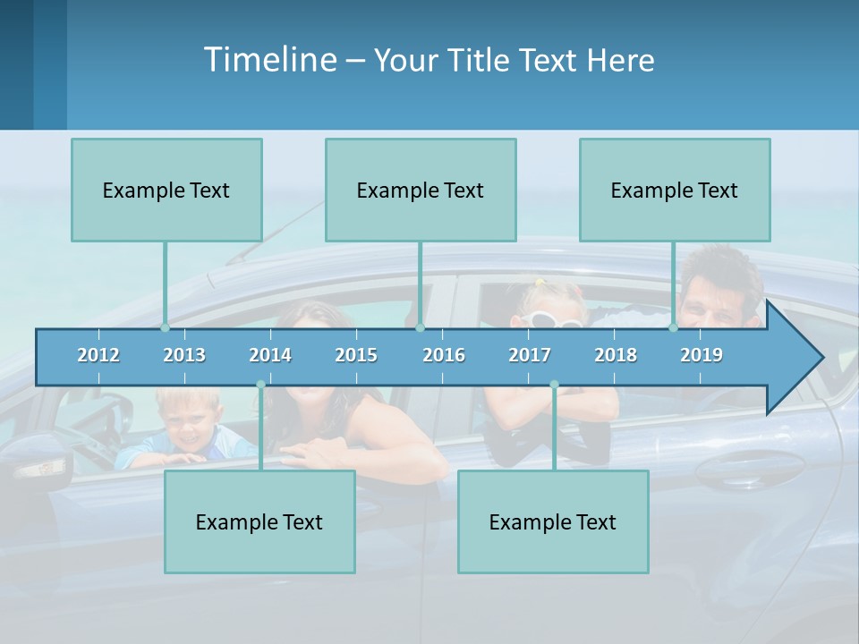 A Family In A Blue Car On The Beach PowerPoint Template