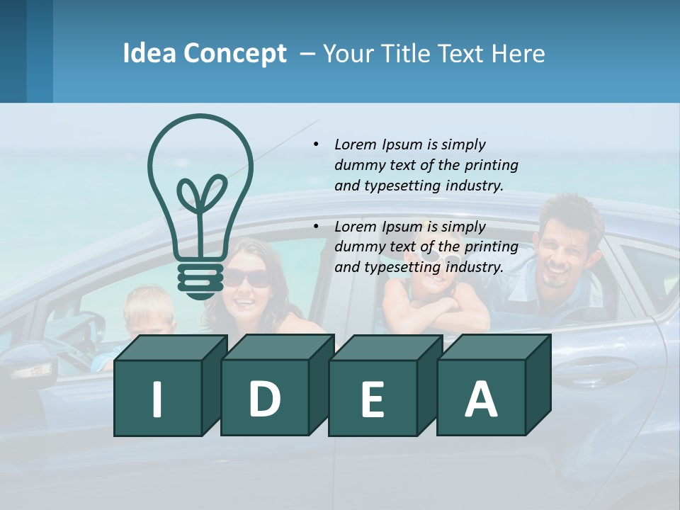 A Family In A Blue Car On The Beach PowerPoint Template