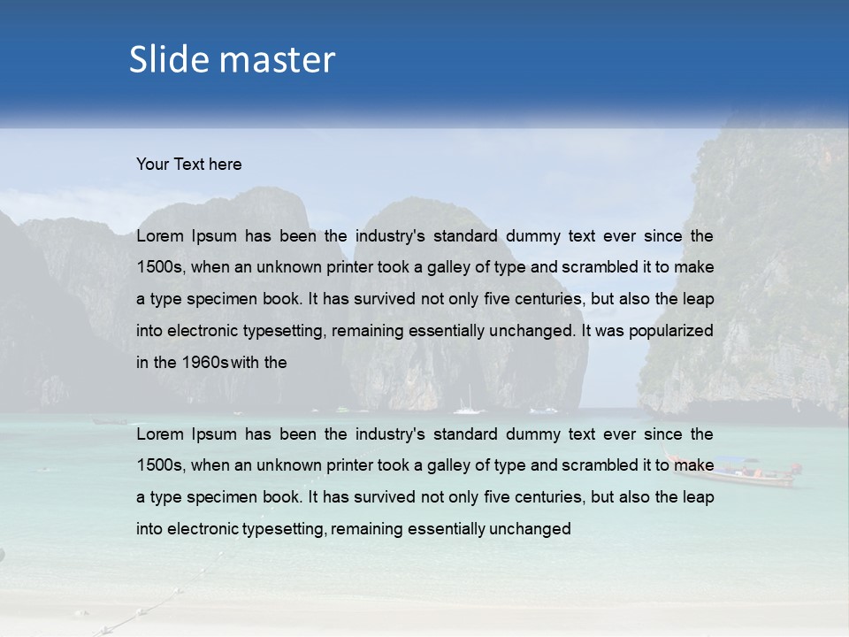 A Beach With A Boat In The Water And Mountains In The Background PowerPoint Template