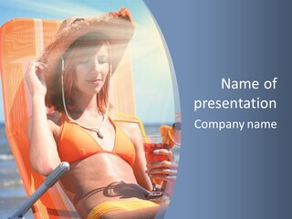 A Woman In An Orange Bikini Sitting On A Beach Chair PowerPoint Template