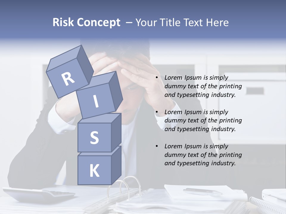 A Man Sitting At A Desk With His Hands On His Head PowerPoint Template