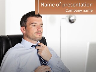 A Man Sitting In A Chair Adjusting His Tie PowerPoint Template