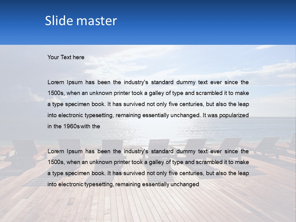 A Group Of Lounge Chairs Sitting On Top Of A Wooden Pier PowerPoint Template