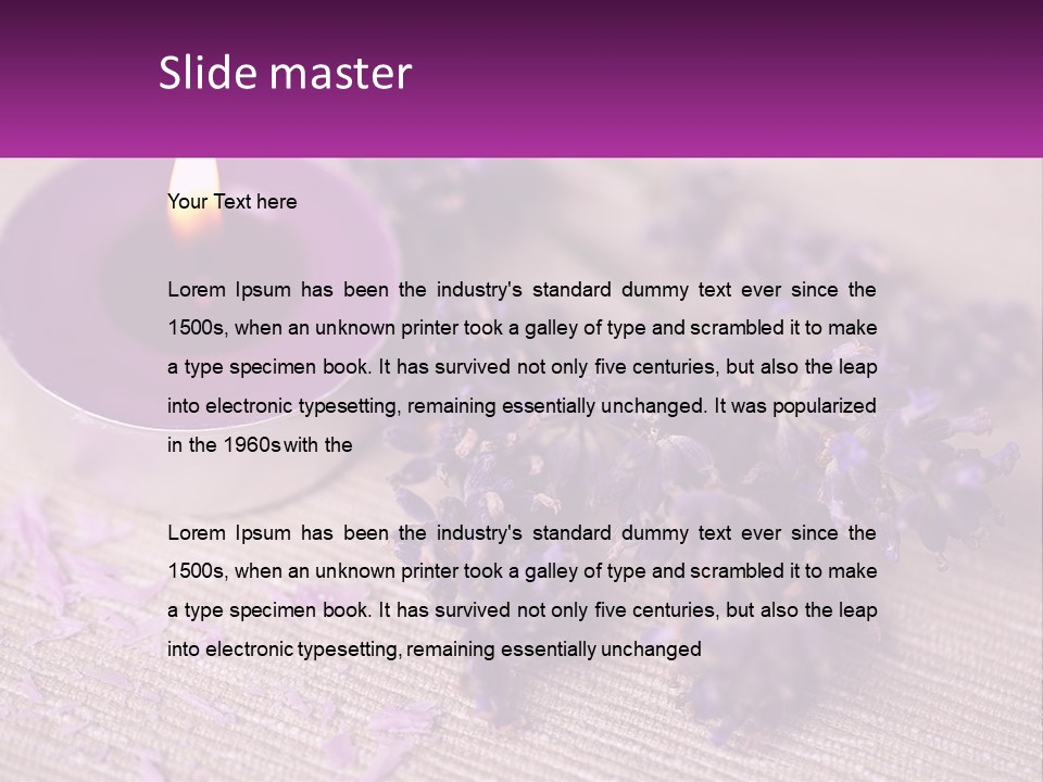 A Purple Candle And Some Lavender Flowers On A Table PowerPoint Template