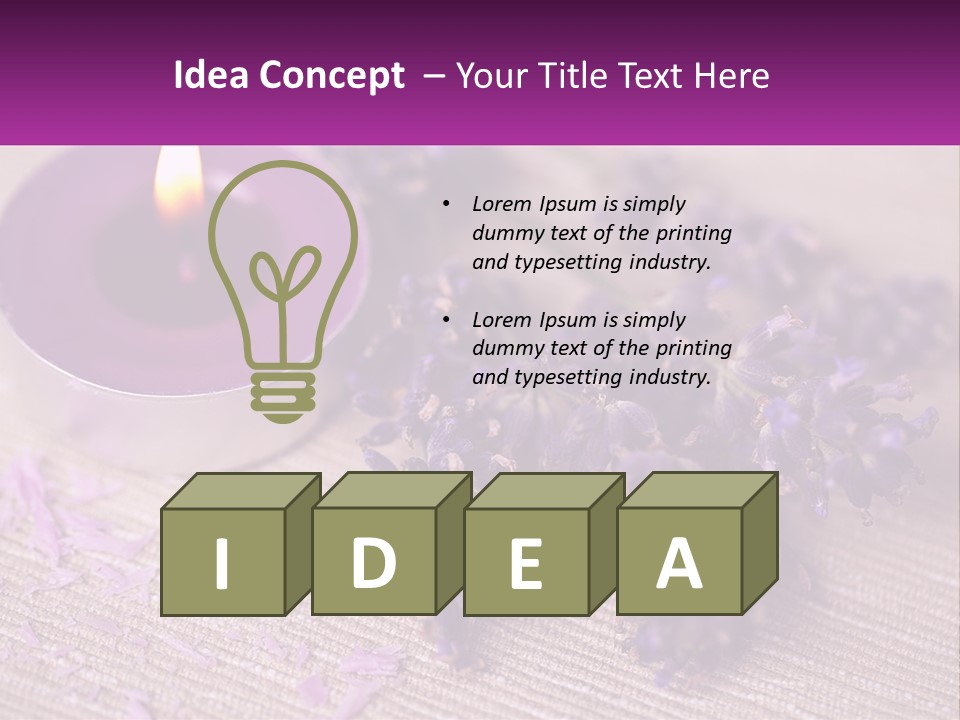 A Purple Candle And Some Lavender Flowers On A Table PowerPoint Template