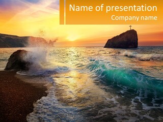 A Sunset Over The Ocean With A Cross On Top Of It PowerPoint Template