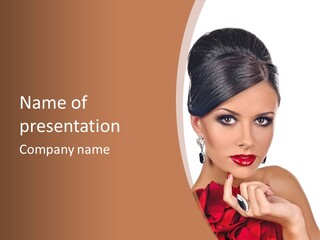 A Woman In A Red Dress Is Pointing At The Camera PowerPoint Template