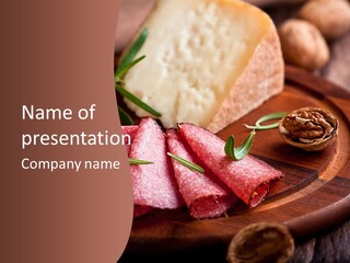 A Wooden Plate With Cheese And Nuts On It PowerPoint Template