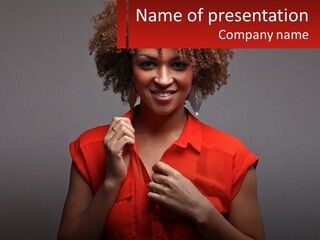 A Woman In A Red Shirt Is Holding A Red Sign PowerPoint Template