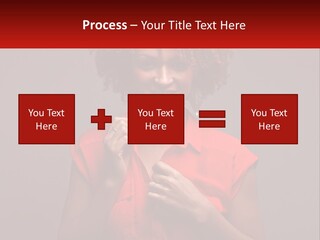 A Woman In A Red Shirt Is Holding A Red Sign PowerPoint Template