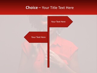 A Woman In A Red Shirt Is Holding A Red Sign PowerPoint Template