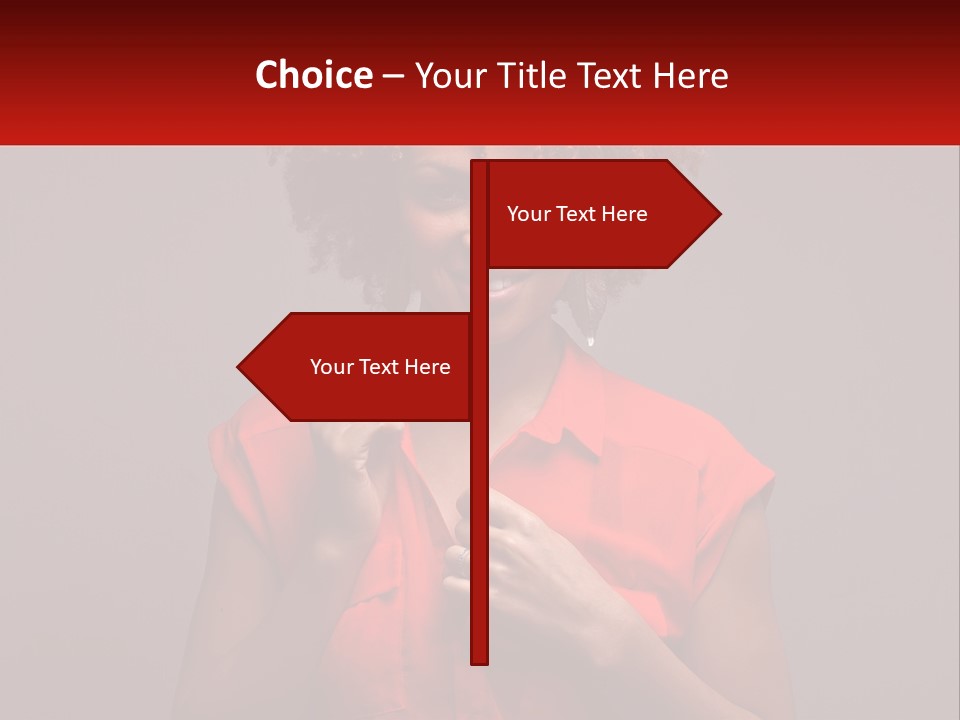 A Woman In A Red Shirt Is Holding A Red Sign PowerPoint Template