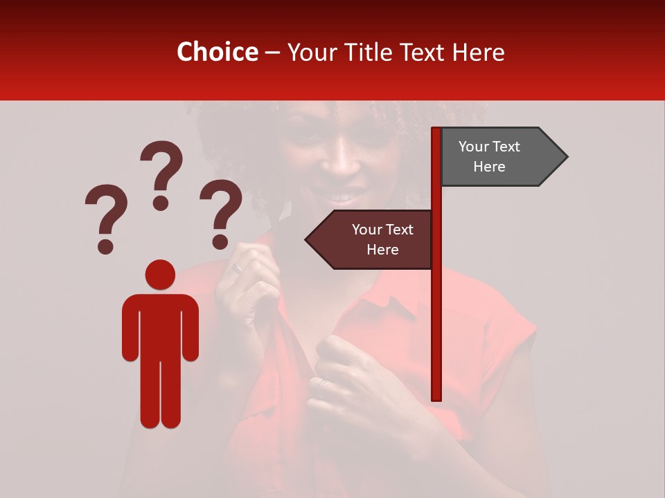 A Woman In A Red Shirt Is Holding A Red Sign PowerPoint Template