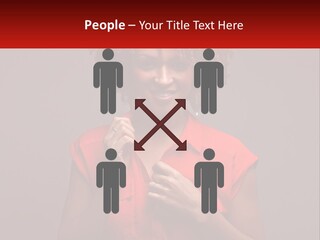 A Woman In A Red Shirt Is Holding A Red Sign PowerPoint Template