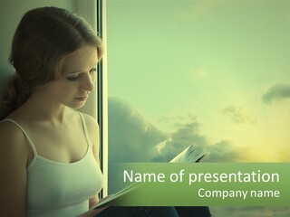 A Woman Sitting On A Window Sill Reading A Book PowerPoint Template