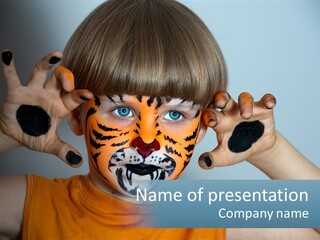 A Young Boy With A Tiger Face Painted On His Face PowerPoint Template