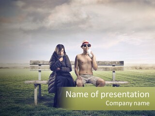 A Man And Woman Sitting On A Bench In A Field PowerPoint Template