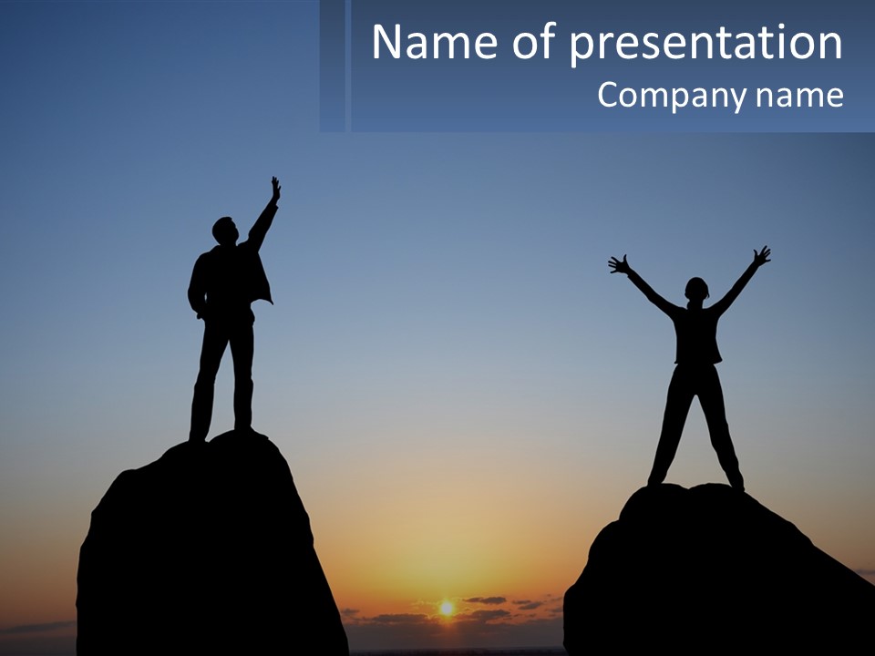 Two People Standing On Top Of A Mountain With Their Arms In The Air PowerPoint Template