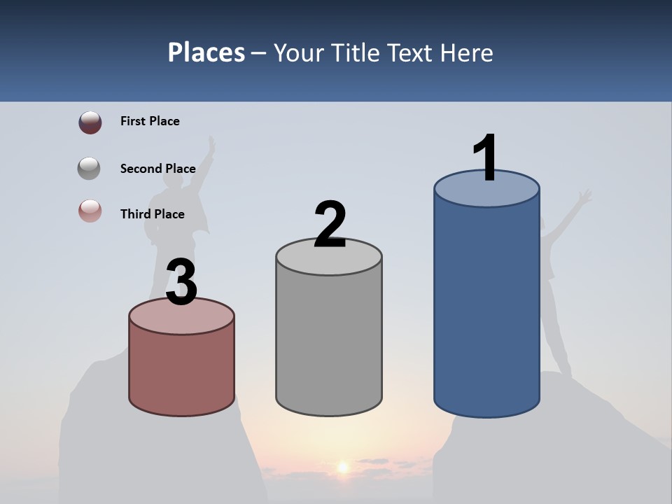 Two People Standing On Top Of A Mountain With Their Arms In The Air PowerPoint Template