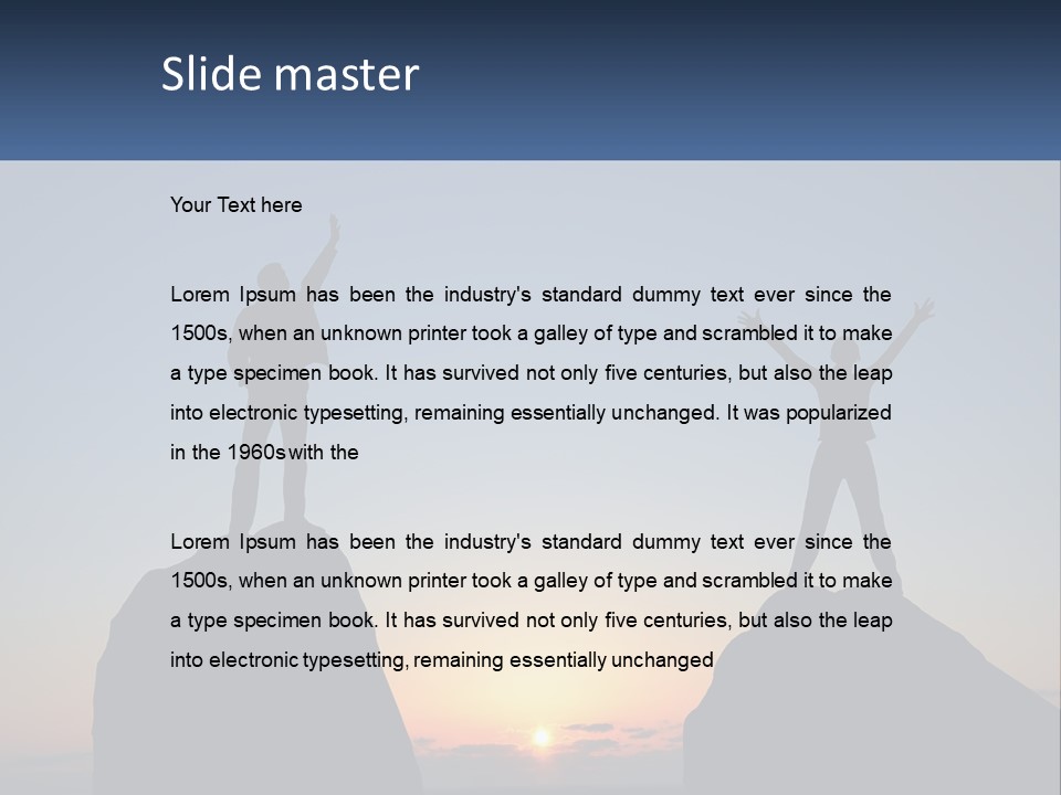 Two People Standing On Top Of A Mountain With Their Arms In The Air PowerPoint Template