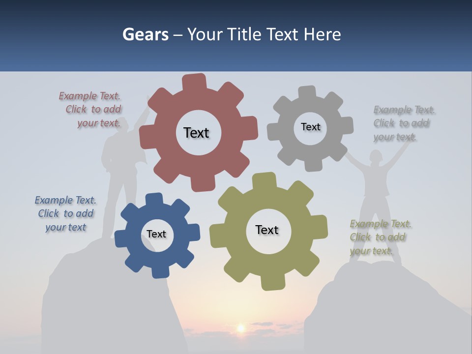 Two People Standing On Top Of A Mountain With Their Arms In The Air PowerPoint Template