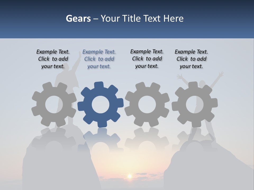 Two People Standing On Top Of A Mountain With Their Arms In The Air PowerPoint Template