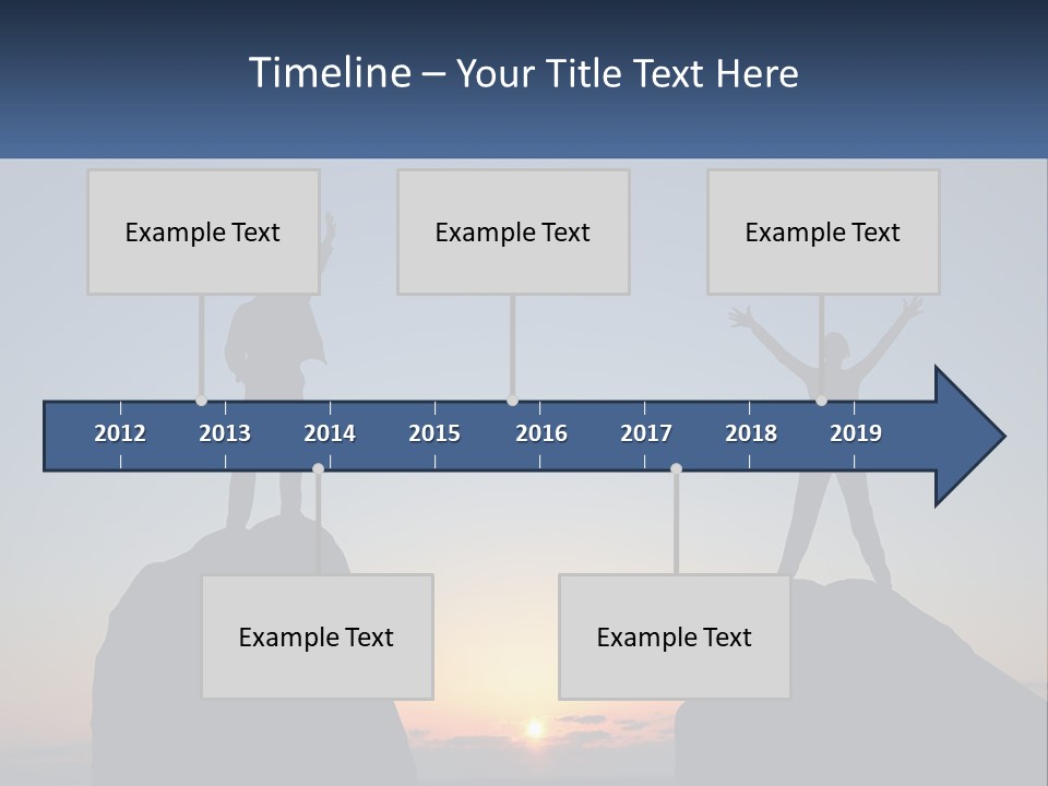 Two People Standing On Top Of A Mountain With Their Arms In The Air PowerPoint Template