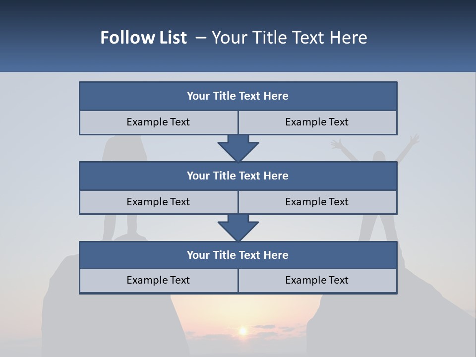 Two People Standing On Top Of A Mountain With Their Arms In The Air PowerPoint Template