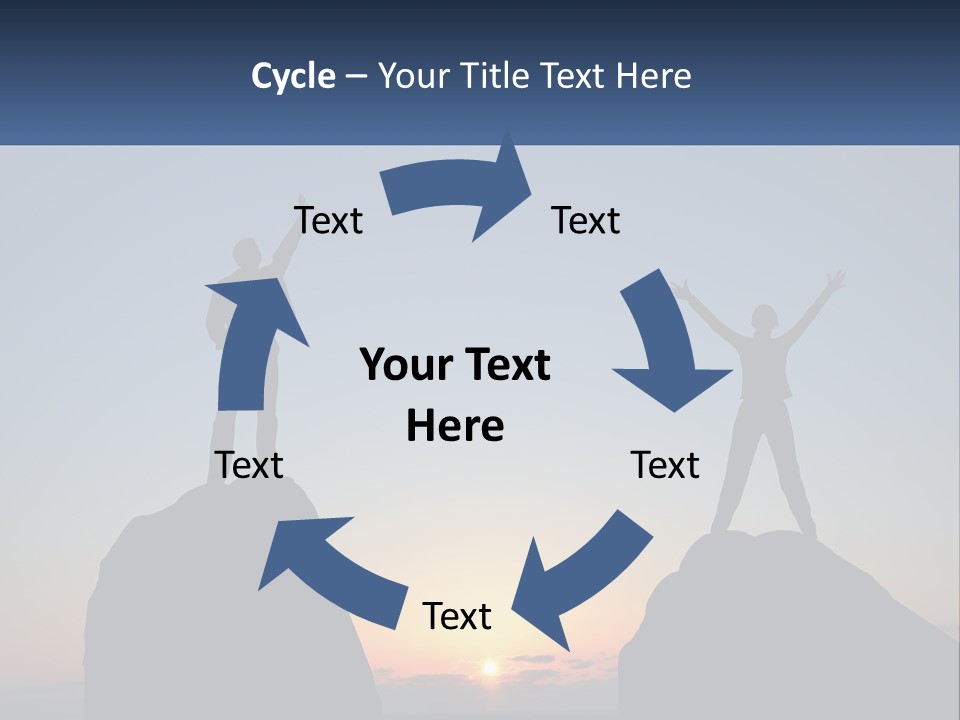 Two People Standing On Top Of A Mountain With Their Arms In The Air PowerPoint Template