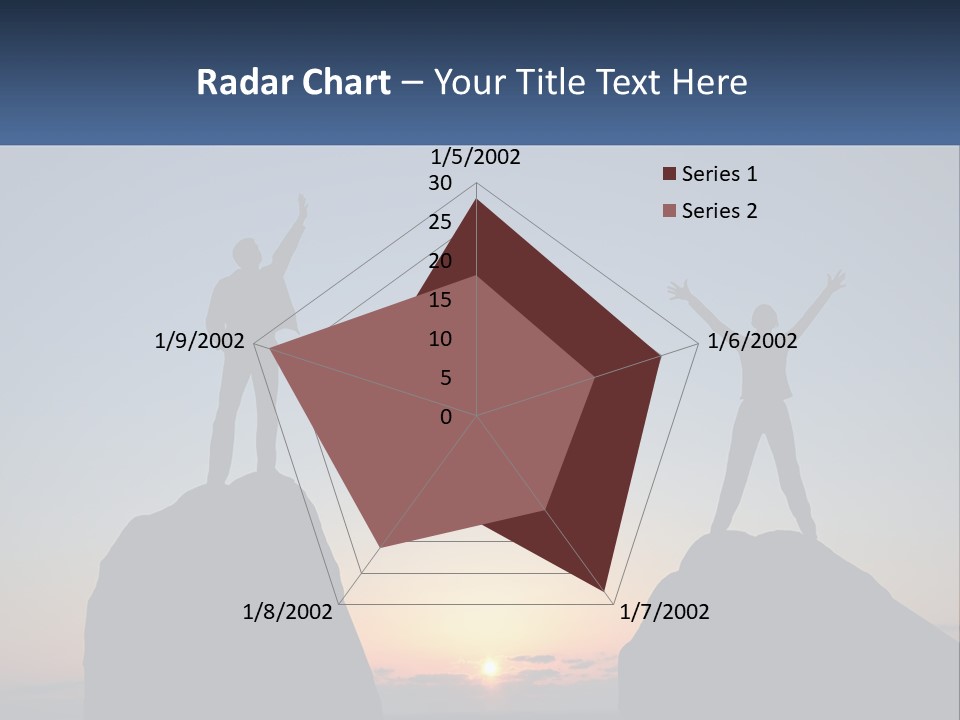 Two People Standing On Top Of A Mountain With Their Arms In The Air PowerPoint Template