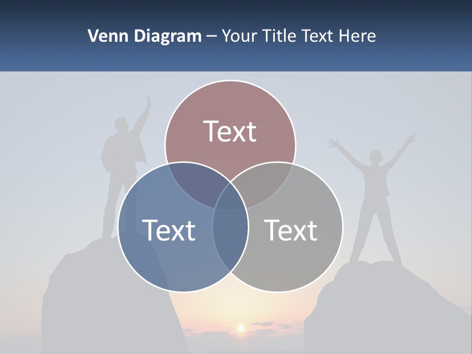 Two People Standing On Top Of A Mountain With Their Arms In The Air PowerPoint Template