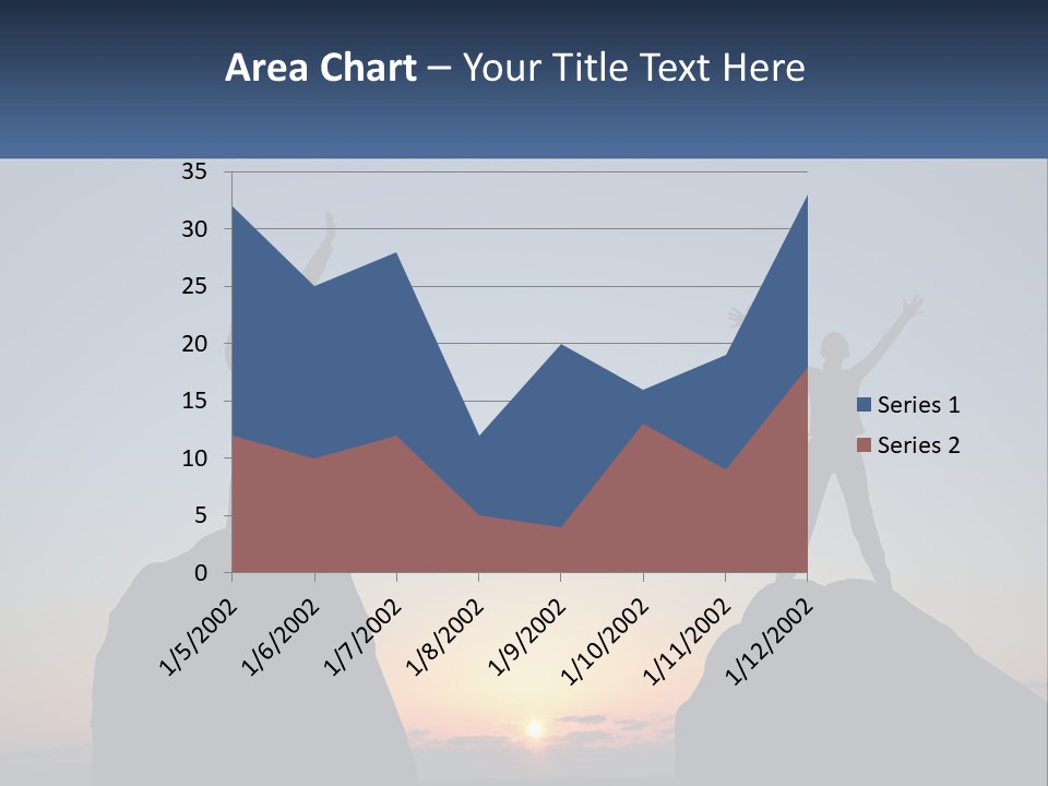 Two People Standing On Top Of A Mountain With Their Arms In The Air PowerPoint Template