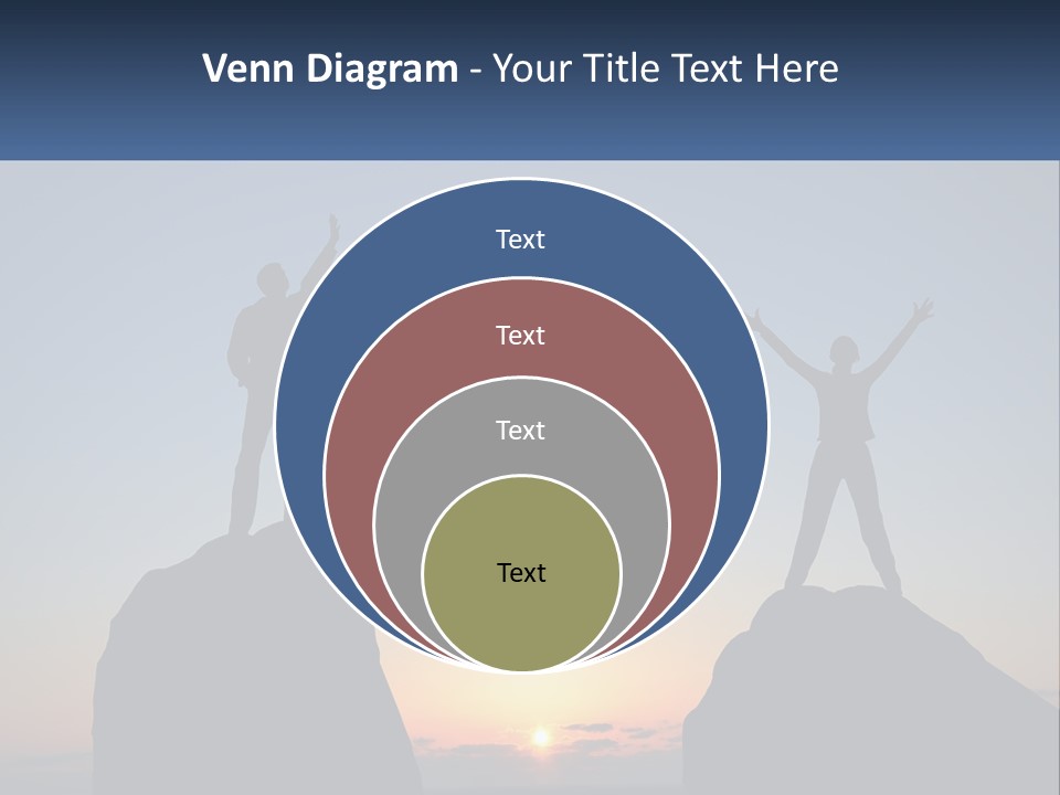 Two People Standing On Top Of A Mountain With Their Arms In The Air PowerPoint Template