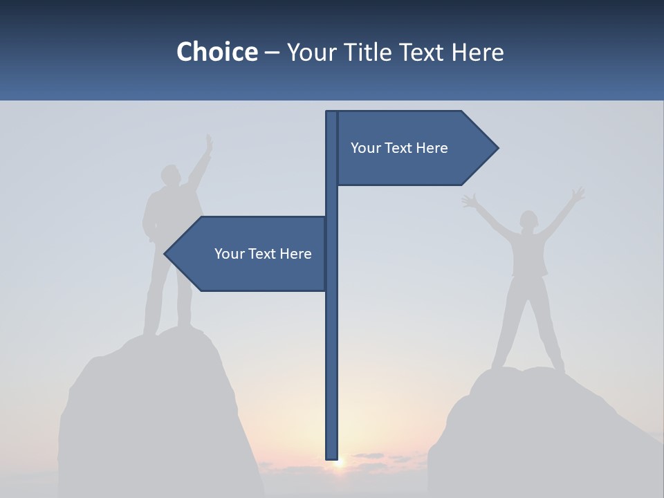 Two People Standing On Top Of A Mountain With Their Arms In The Air PowerPoint Template