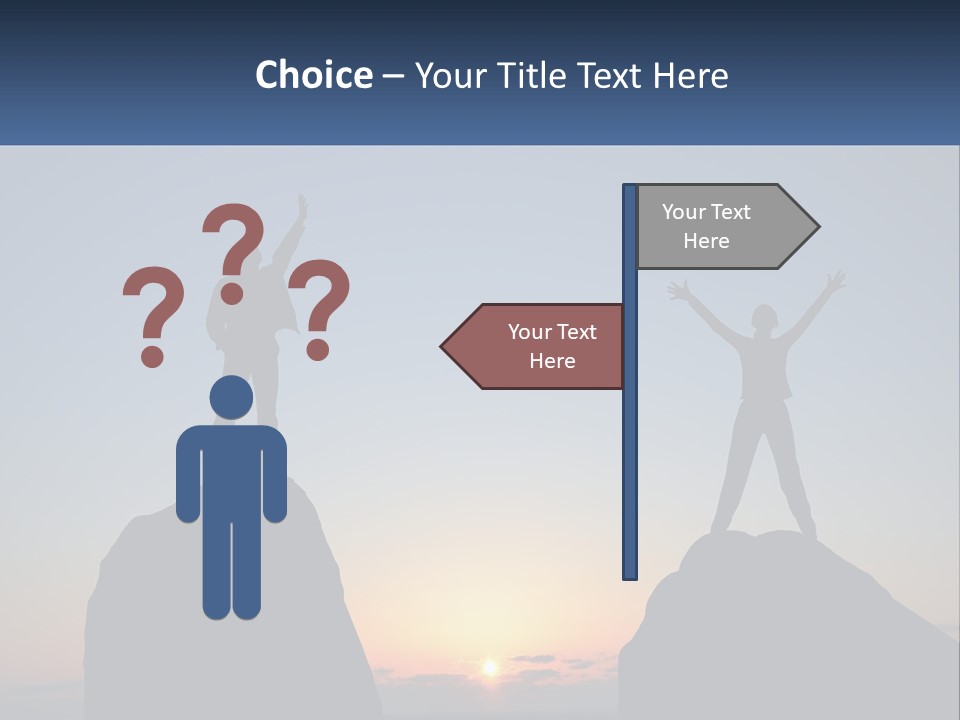 Two People Standing On Top Of A Mountain With Their Arms In The Air PowerPoint Template