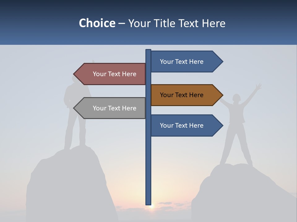 Two People Standing On Top Of A Mountain With Their Arms In The Air PowerPoint Template