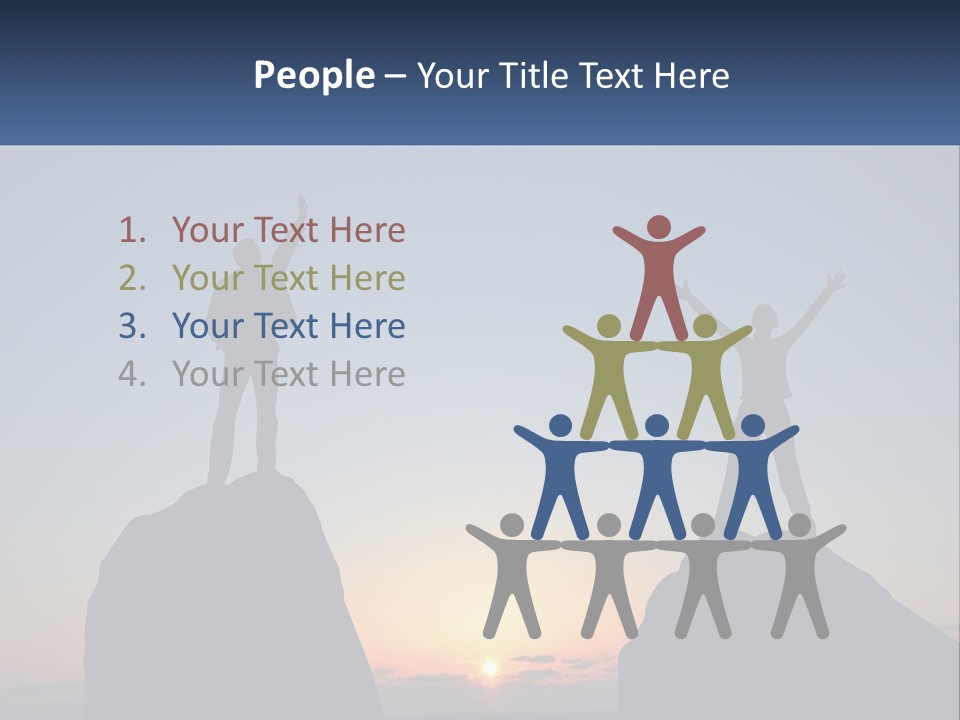 Two People Standing On Top Of A Mountain With Their Arms In The Air PowerPoint Template