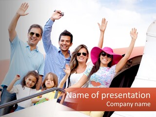 A Group Of People On A Plane With Their Arms In The Air PowerPoint Template