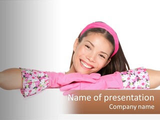 A Woman With Pink Gloves Is Smiling For The Camera PowerPoint Template