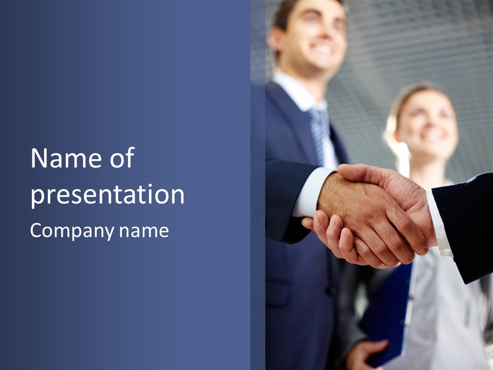 Two Men Shaking Hands In Front Of A Group Of People PowerPoint Template