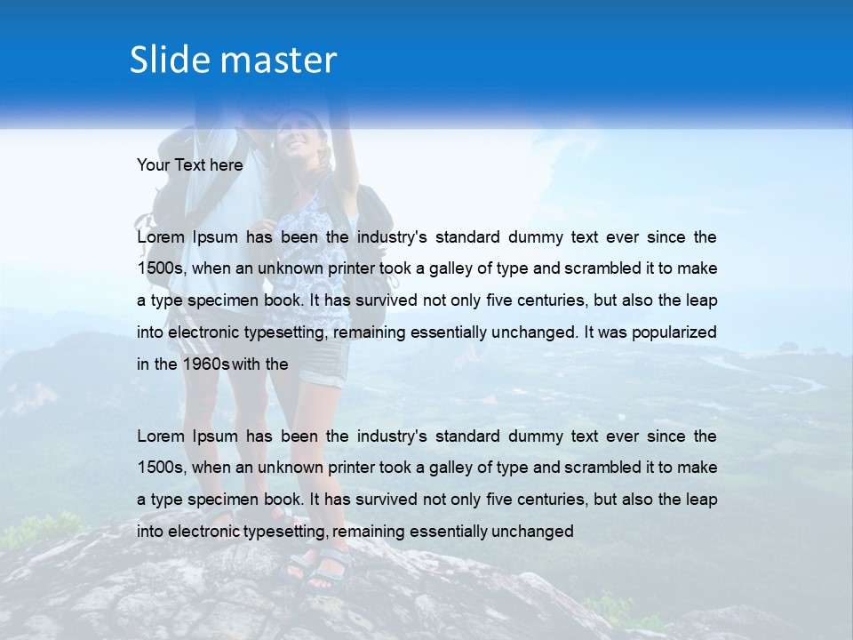 A Couple Of People Standing On Top Of A Mountain PowerPoint Template