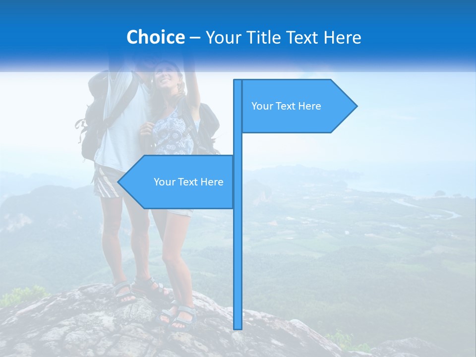 A Couple Of People Standing On Top Of A Mountain PowerPoint Template