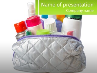 A White Purse Filled With Cosmetics And Personal Care Items PowerPoint Template