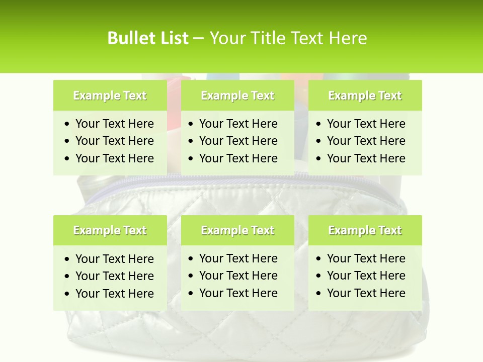 A White Purse Filled With Cosmetics And Personal Care Items PowerPoint Template